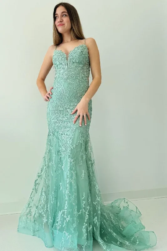 cap sleeve prom dressesSage Green Appliques Spaghetti Strap Mermaid Long Prom Dress