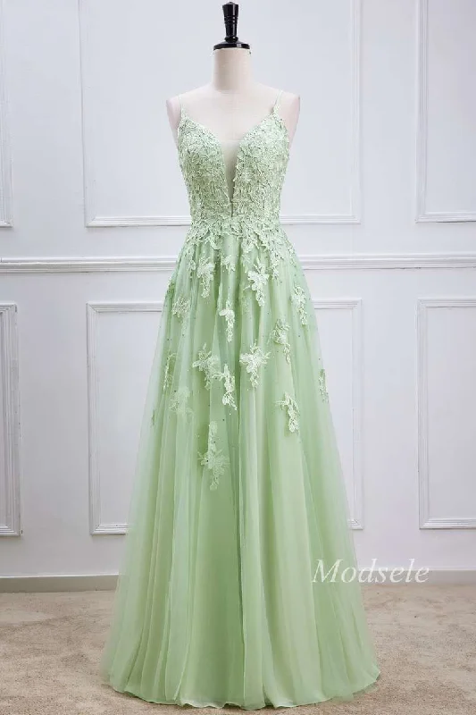 glamorous prom dressesSage Tulle Appliques Plunge V Lace-Up Long Prom Dress