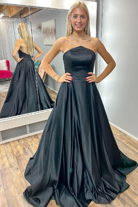 prom dresses for winterSimple Black Strapless A-Line Long Prom Dress