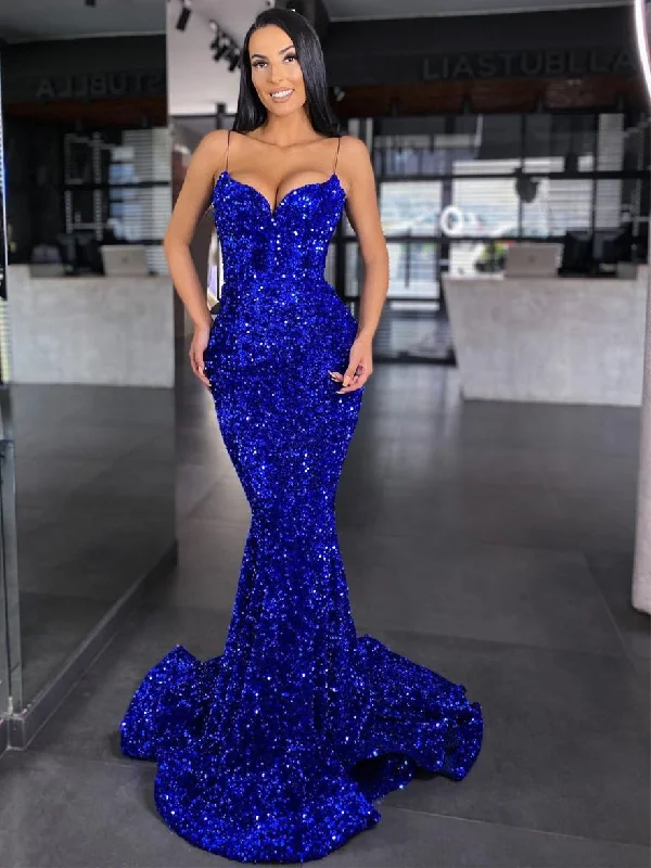 dark prom dressesSpaghetti Royal Blue Sequin Prom Dresses, Mermaid Prom Dresses, Newest 2023 Prom Dresses, Long Prom Dresses