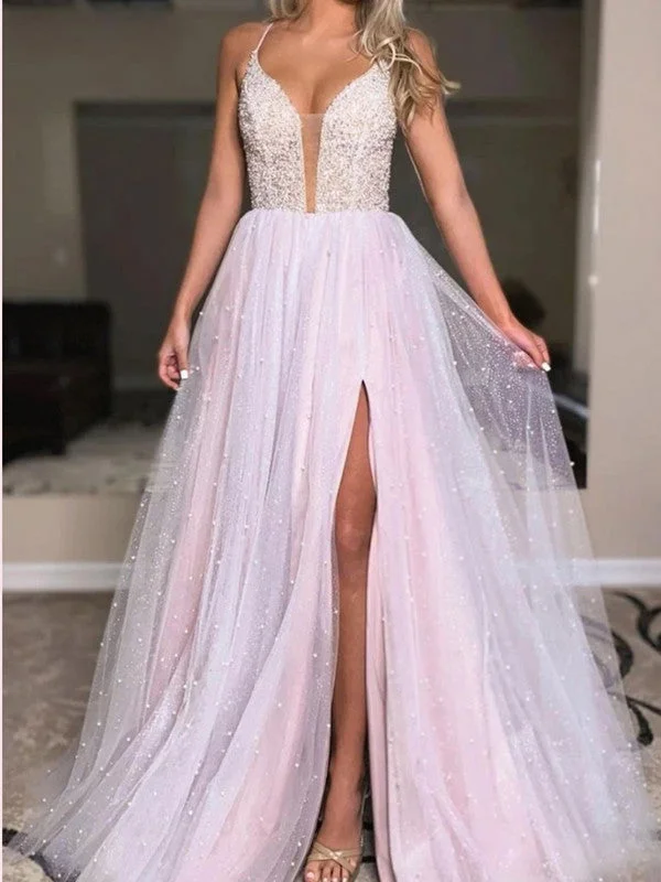 prom dress preservationSpaghetti Straps Beads 2021 Prom Dresses, Side Slit A-line Long Prom Dresses, Girl Dresses