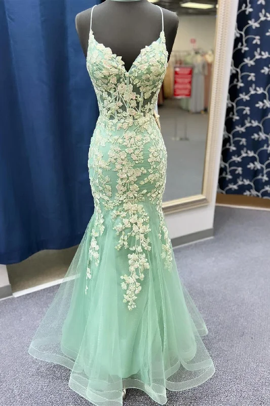 tulle prom dressesSpaghetti Straps Mermaid Lace Prom Dresses Sage Green Appliques