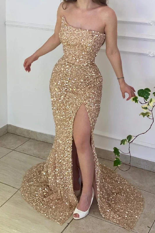 ready-to-wear prom dressesSparkly Gold Strapless Mermaid Sequined Side Slit Long Formal Prom Dress