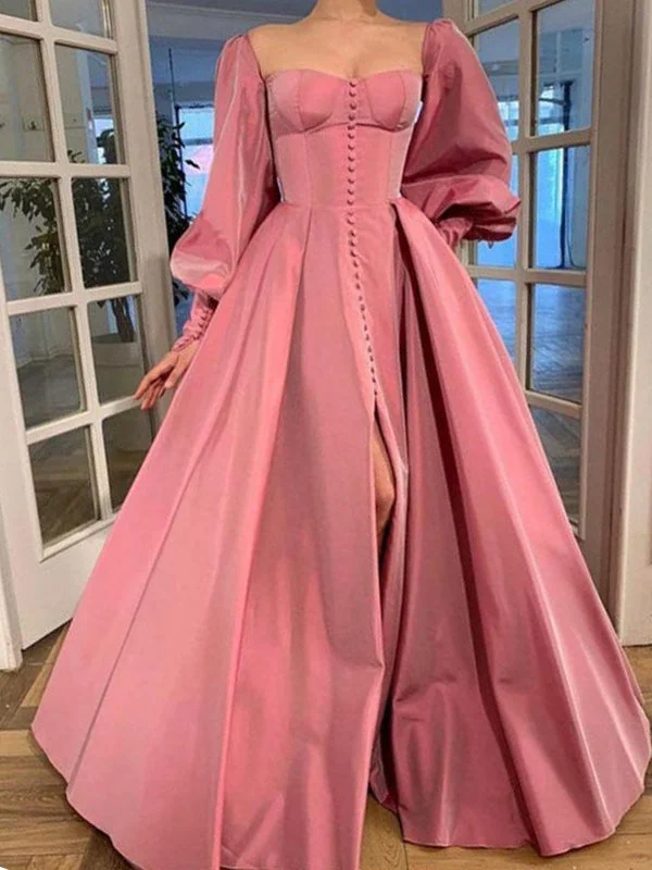 backless prom dressesSquare Nekline Classic Satin Prom Dresses, Bubble Sleeves Prom Dresses, 2021 Prom Dresses