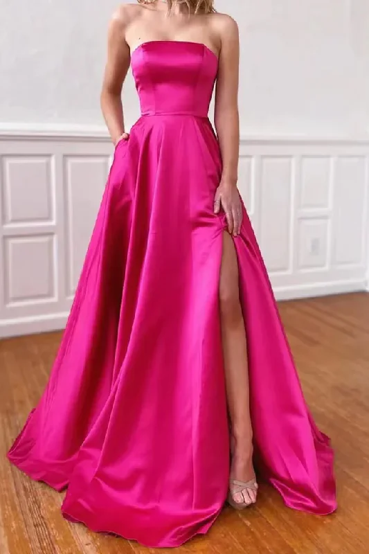 prom dress shopping tipsStrapless A-Line Satin Empire-Waist Long Prom Dress with Slit