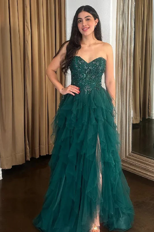 off-shoulder prom dressesStrapless A-Line Sweetheart Appliques Ruffles Tulle Green Prom Dress with Slit