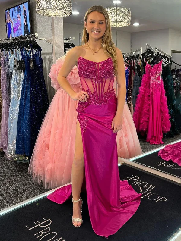 beaded prom dressesStrapless Fuchsia Prom Dresses Satin Mermaid Long Gown with Slit