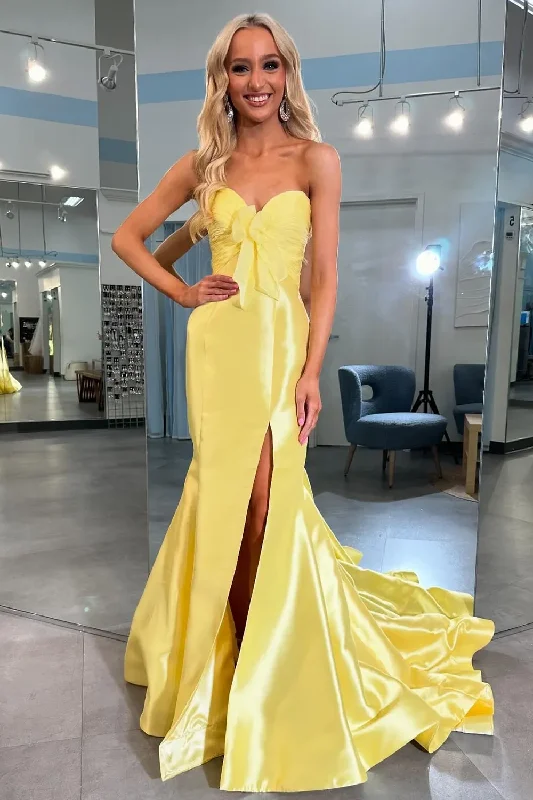 prom dresses for winterStrapless Mermaid Bow Sleeveless Satin Long Formal Prom Dress with Slit