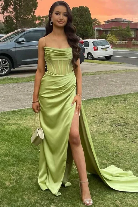 cap sleeve prom dressesStrapless Mermaid Sleeveless Satin Pleated High Slit Long Prom Dress with Slit