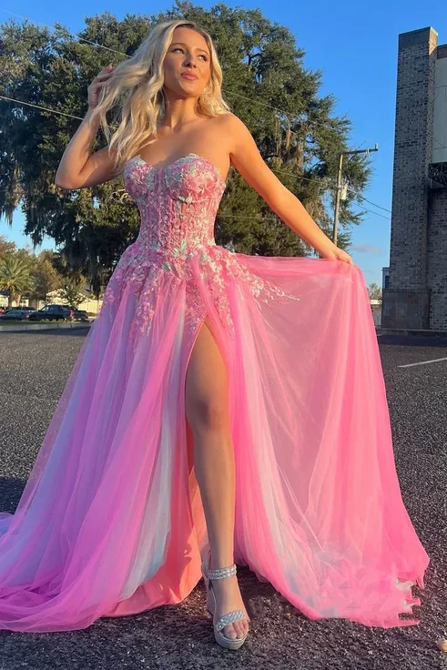 prom dress cleaningStrapless Pink A-Line Appliques Tulle Prom Formal Dress with High Slit