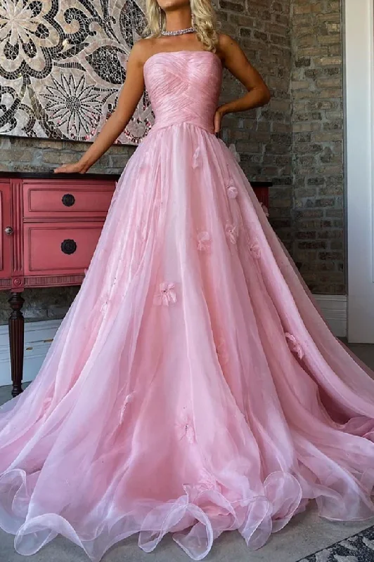 beaded prom dressesStrapless Pink A-Line Tulle 3D Floral Pleated  Long Formal Prom Dress