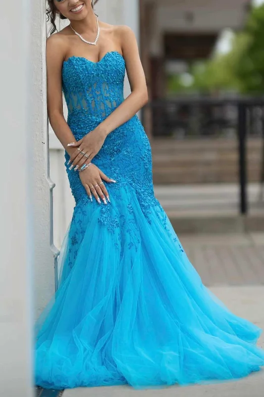 classic prom dressesStrapless Sweetheart Appliques Mermaid Tulle Long Prom Dress