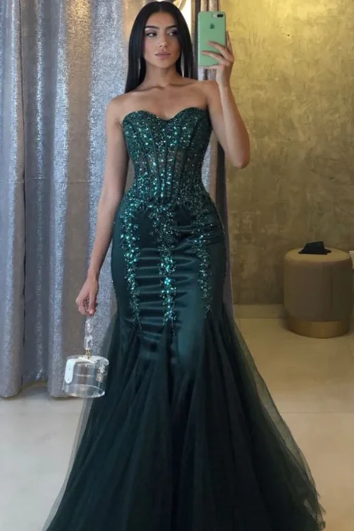 two-piece prom dressesStrapless Sweetheart Mermaid Appliques Tulle Long Prom Formal Dress