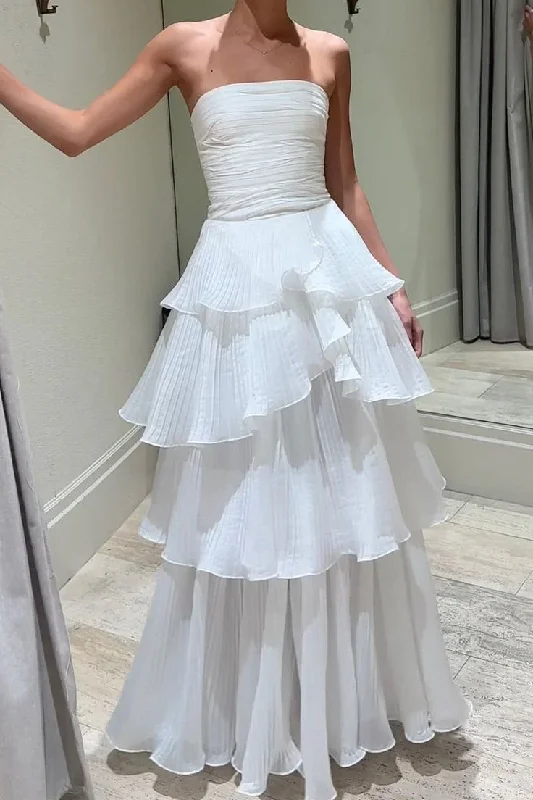 budget-friendly prom dressesStrapless Tiered Scoop Sleeveless Ruffles White Prom Formal Dress