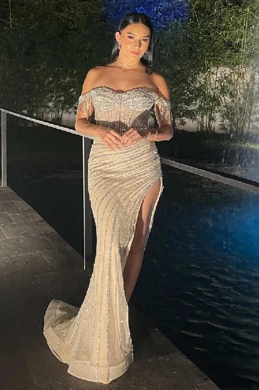 prom dress inspiration galleriesStunning Off-Shoulder Beads Side Slit Mermaid Long Prom Formal Dress