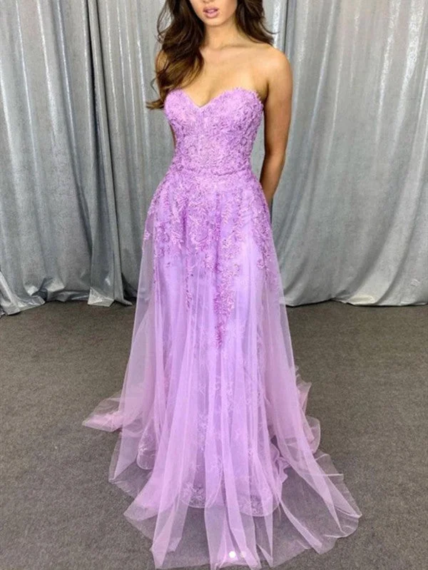 lace-up prom dressesSweetheart Neck Strapless Purple Lace Long Prom Dresses, 2021 Newest Prom Dresses