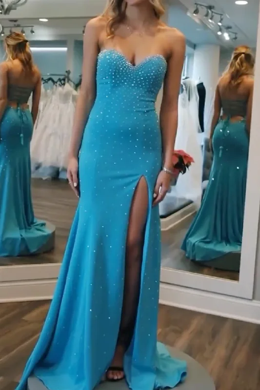 prom dress inspiration galleriesSweetheart Strapless Mermaid Beads Sleeveless Formal Prom Dress with Slit