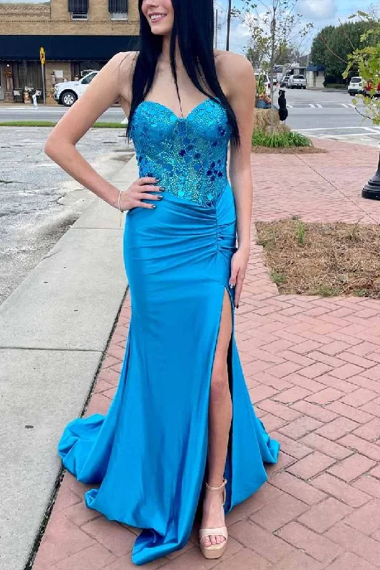 prom dresses with sheer overlaysSweetheart Strapless Mirror-Cut Sequins Mermaid Long Prom Dress with Slit