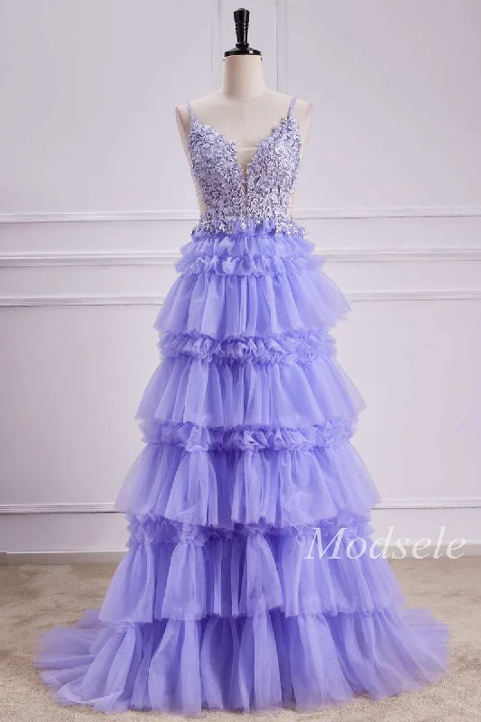 modern prom dressesTiered Ruffle Appliques Lace-Up Long Prom Dress in Lavender