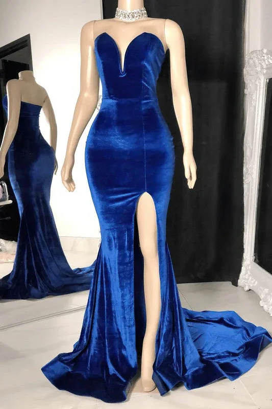 high-low prom dressesTrendy Strapless Mermaid V-Neck Sleeveless Long Prom Dress with Slit