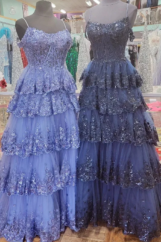 bespoke prom dressesTulle Sequin Cold-Shoulder Ruffle Tiered Long Prom Dress