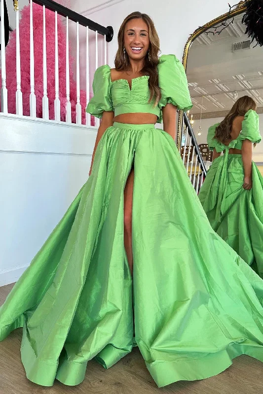 halter prom dressesTwo-Piece Green Puff Sleeve Tie-Back Long Prom Dress