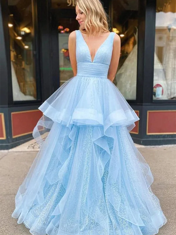 prom dresses with beaded accentsV-neck Baby Blue Shiny Prom Dresses, A-line Prom Dresses, Popular 2022 Prom Dresses, Newest Affordable Prom Dresses