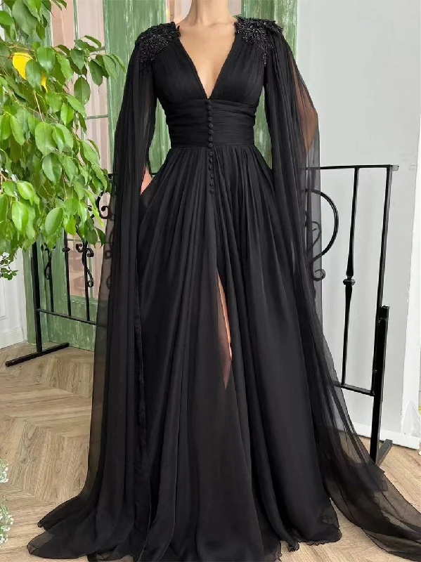 prom dresses with beaded accentsV-neck Black Tulle Prom Dresses, Elegant Prom Dresses, Newest 2022 Prom Dresses, A-line Prom Dresses