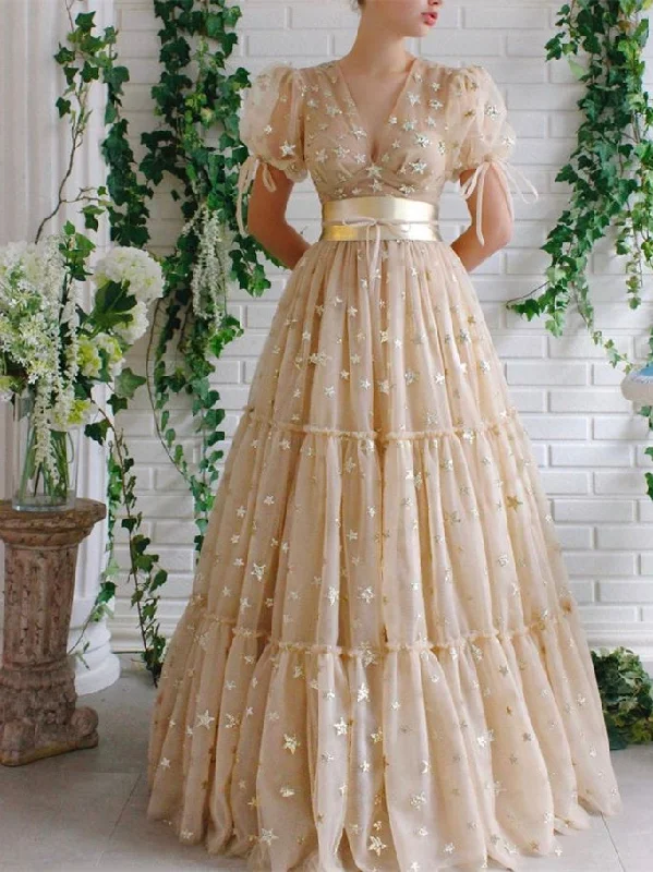 beaded prom dressesV-neck Champagne Star Tulle Prom Dresses, A-line Prom Dresses, Princess Dresses, 2023 Prom Dresses, Affordable Prom Dresses