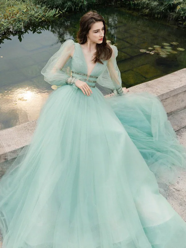 beaded prom dressesV-neck Long A-line Mint Green Tulle Prom Dresses, Fairytale Prom Dresses, Long Prom Dresses, 2021 Prom Dresses