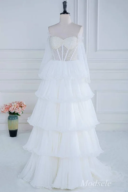 prom dress alterationsWhite Beaded Strapless Ruffle Tiered Long Prom Dress