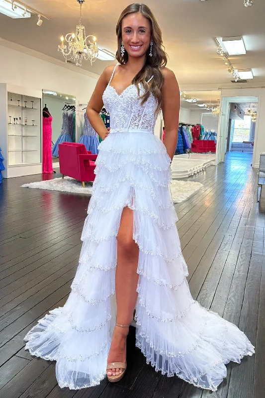 luxury prom dressesWhite Lace Beaded Ruffle Tiered Long Prom Dress with Slit