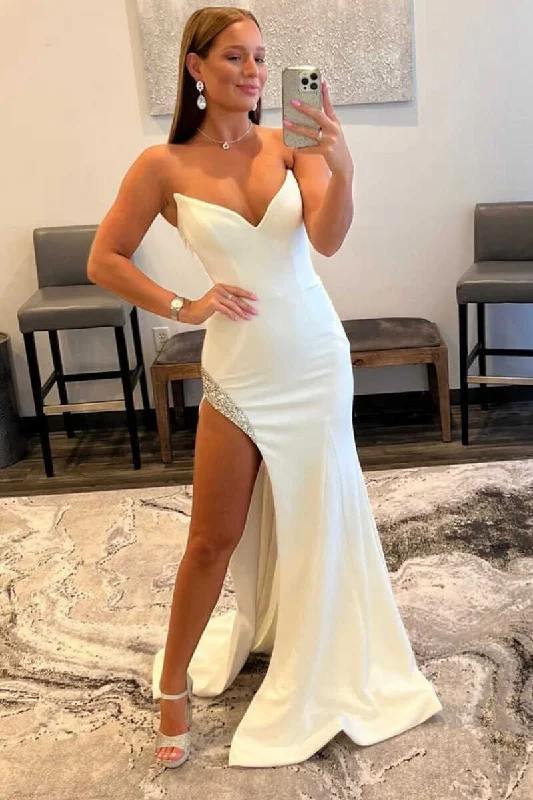 plus-size prom dressesWhite Strapless Mermaid Long Prom Dress with Bead Trimmed Slit