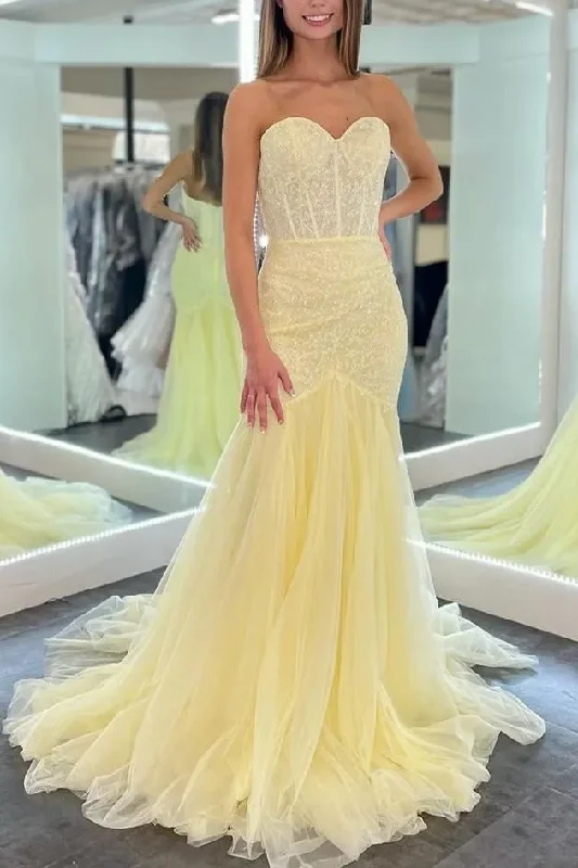 convertible prom dressesYellow Mermaid Strapless Sweetheart Appliques Tulle Long Prom Dress