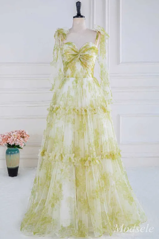 prom dress fitting adviceYellow Print Twisted Knot Ruffle A-Line Long Prom Dress