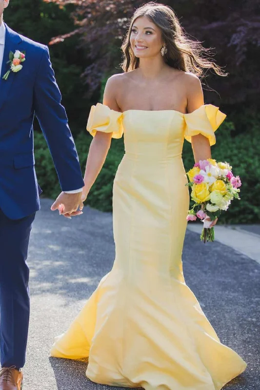 prom dress cleaningYellow Satin Strapless Mermaid Pleated Long Formal Prom Dress with Sleeves