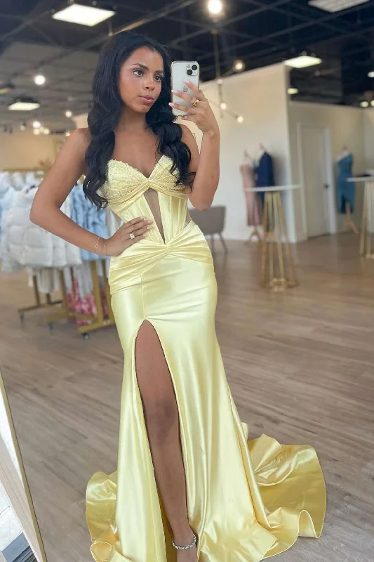 sleeveless prom dressesYellow Strapless Beads Keyhole Satin Pleated Long Prom Dress with Slit