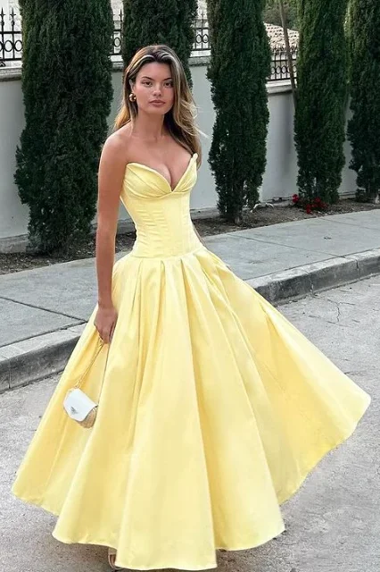 illusion neckline prom dressesYellow Strapless V-Neck Satin Pleated Sleeveless Formal Prom Dress